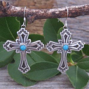 Kingman Turquoise Sterling Silver Cross Dangle Earrings